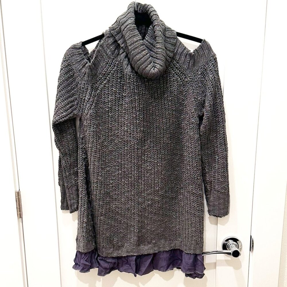 Gray Cold Shoulder Cowl Neck Sweater with Ruffle